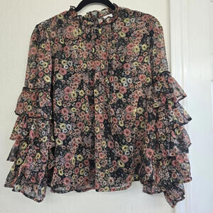 Calligraphie Women's Black Orange Floral All Over Print Ruffles Long Sleeves M